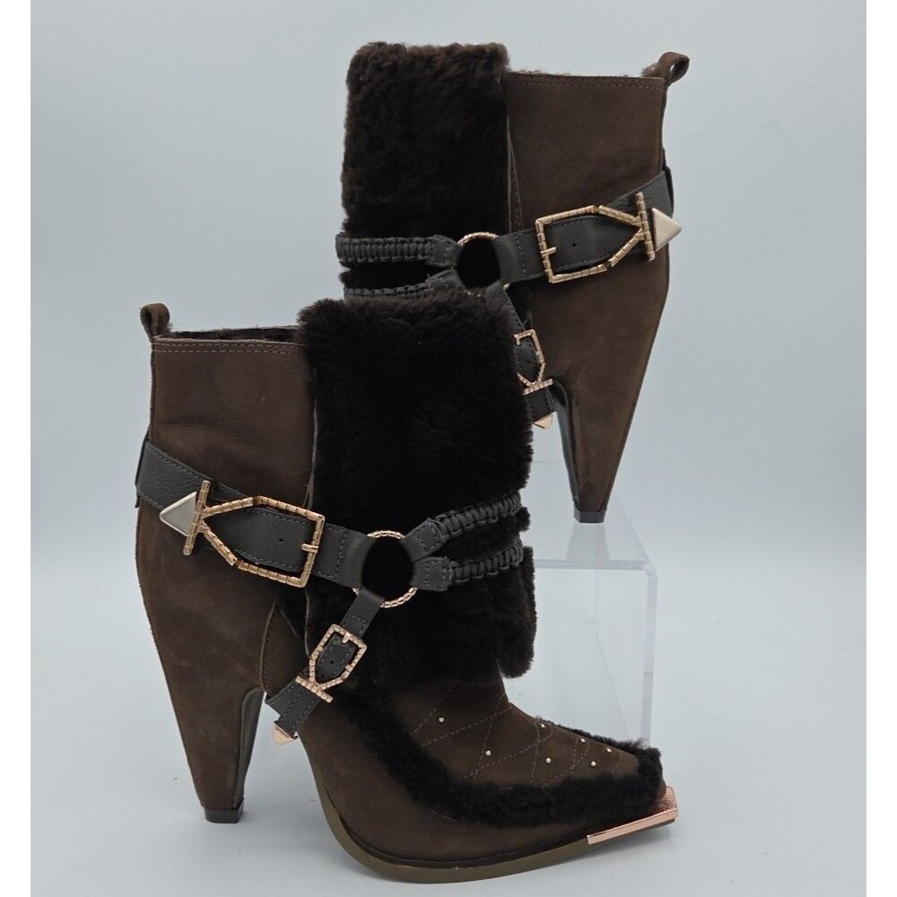 Ivy Kirzhner New York 7M Brown Ankle Heel Boots Shiloh Sheepskin Pointed Toe EUC